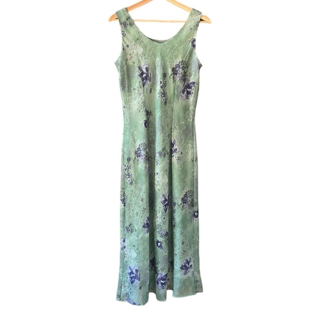 Vintage Y2K Karin Stevens 12 Crinkled Floral Sheath Maxi Dress Sage Purple Fairy - Picture 1 of 6